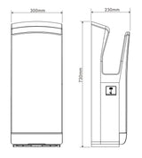 Dolphy jet hand dryer dimensions: 300 mm wide, 730 mm high, 230 mm deep
