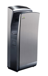 Dolphy Peak Ultra jet hand dryer in silver stainless steel, angled studio view