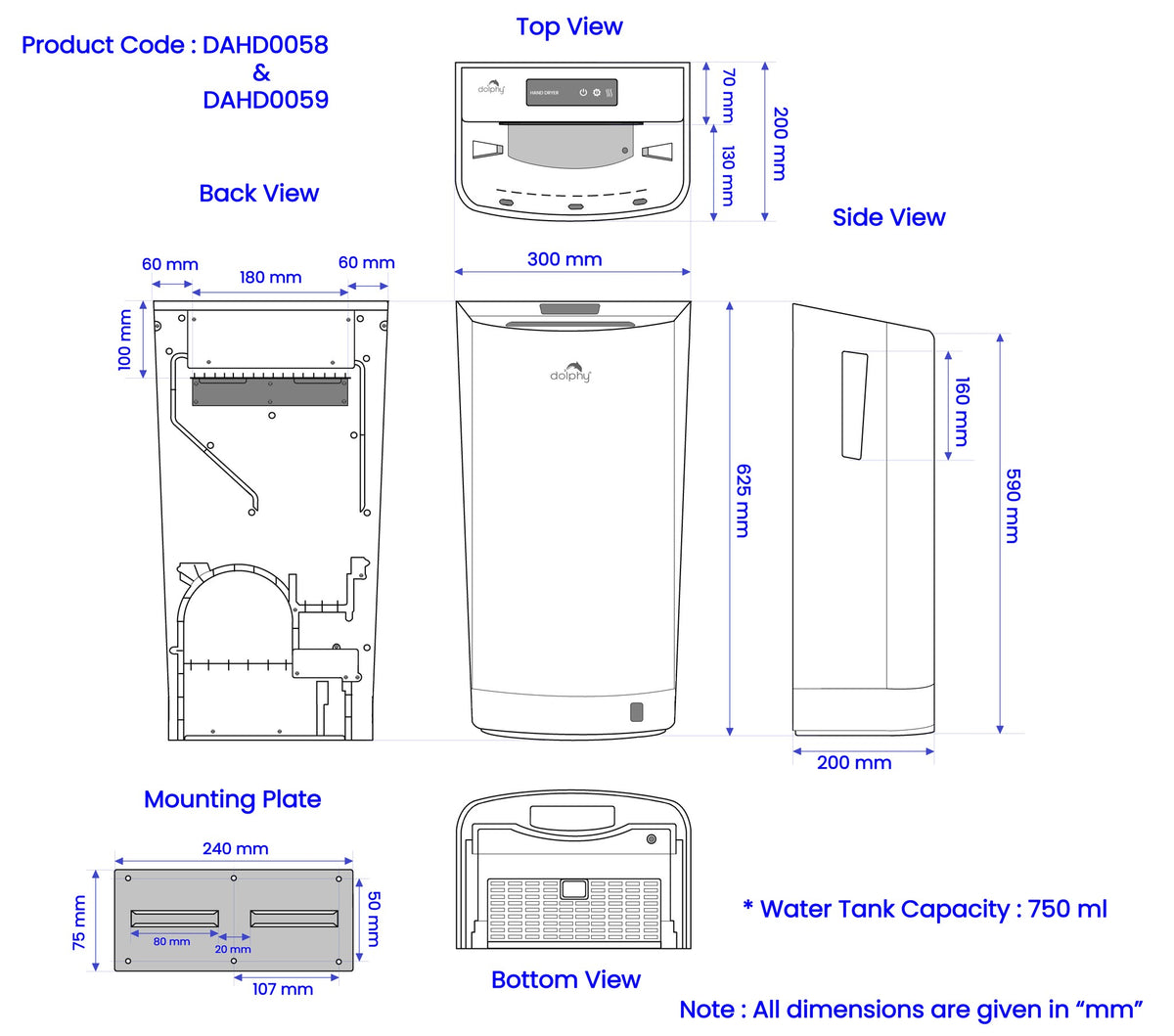 Dolphy DAHD0058 jet hand dryer drawing: 300 mm wide, 200 mm deep, top, side, back and mounting plate views