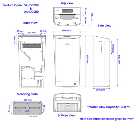 Dolphy DAHD0058 jet hand dryer drawing: 300 mm wide, 200 mm deep, top, side, back and mounting plate views