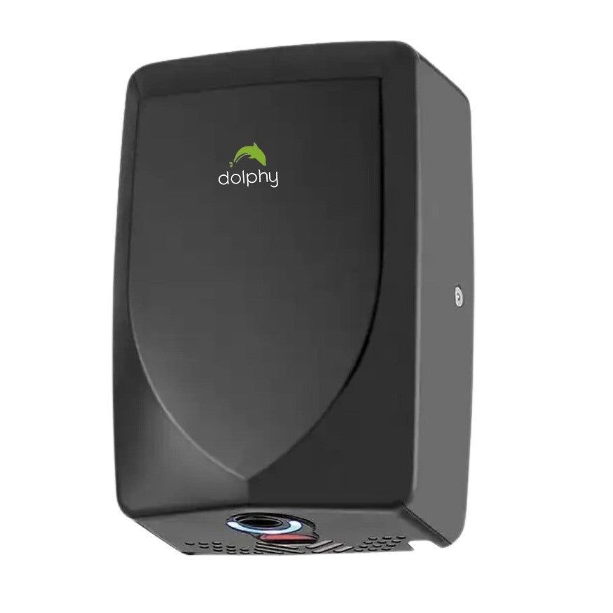 Dolphy black compact touchless hand dryer, angled front view