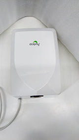 Dolphy white compact hand dryer from below, showing the air outlet
