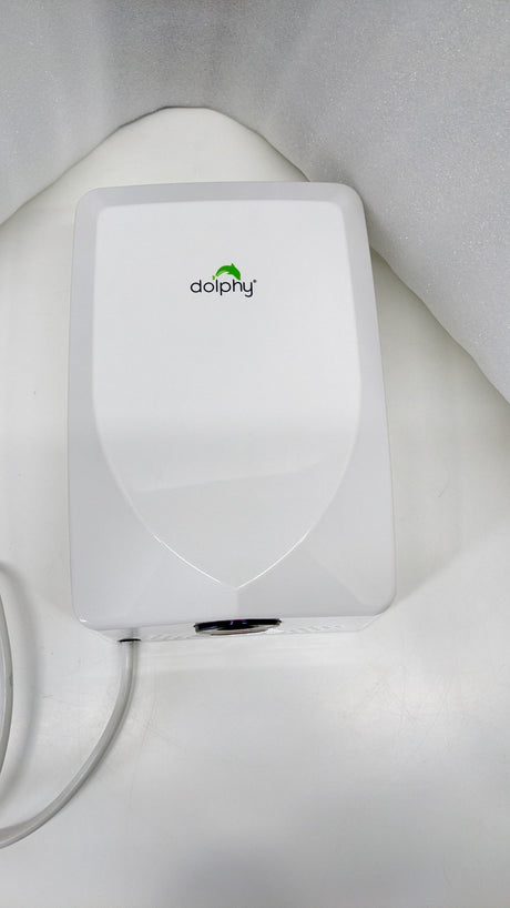 Dolphy white compact hand dryer from below, showing the air outlet