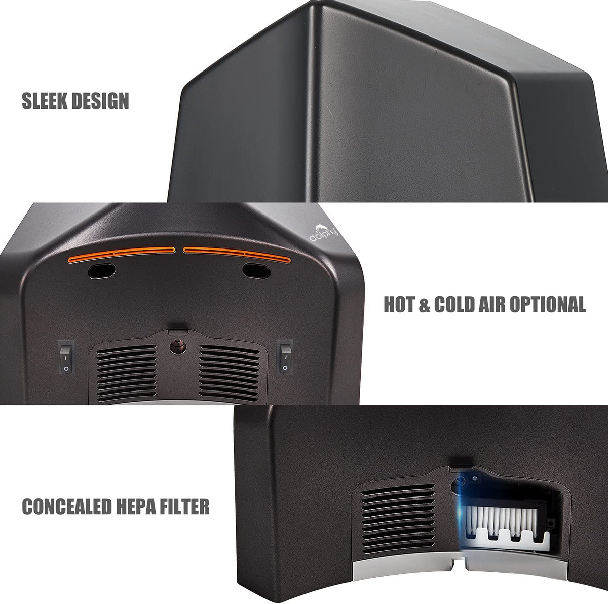 Dolphy Adge hand dryer features: sleek design, hot and cold air option, concealed HEPA filter