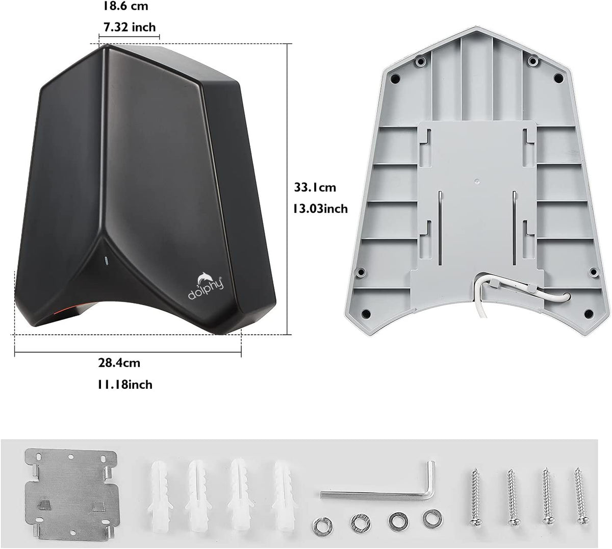 Dolphy Adge hand dryer dimensions: 33.1 cm high, 28.4 cm wide, 18.6 cm deep, with wall plate and fittings