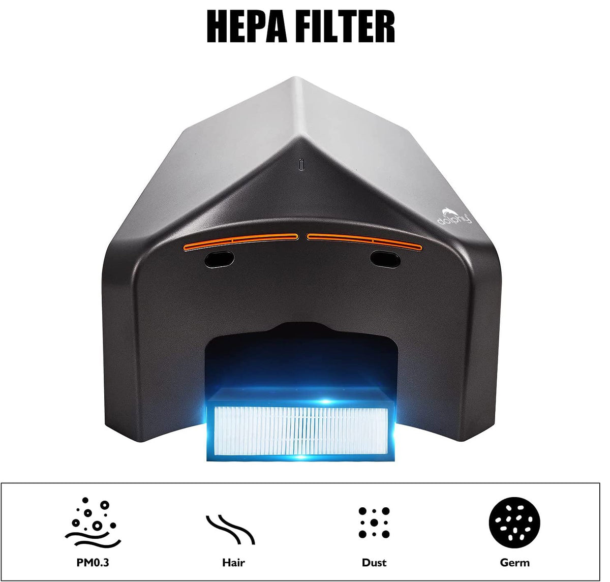 Dolphy Adge hand dryer HEPA filter drawer shown below the air outlet