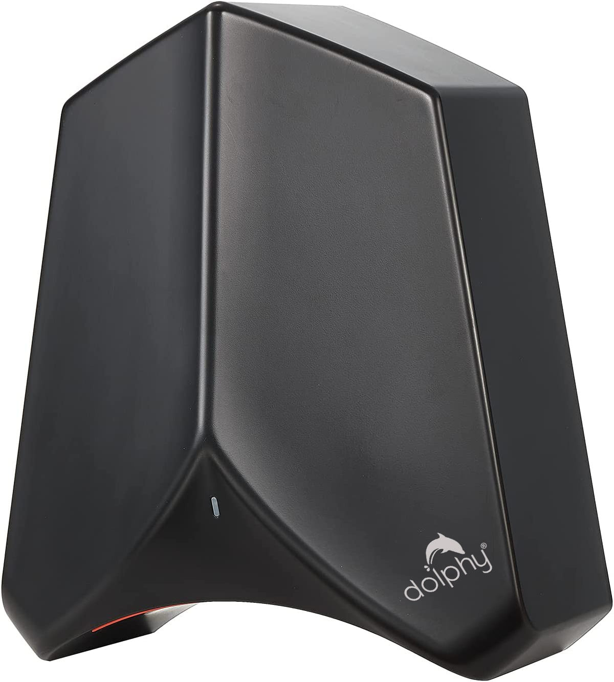 Dolphy Adge black touchless hand dryer, angled front view
