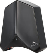Dolphy Adge black touchless hand dryer, angled front view
