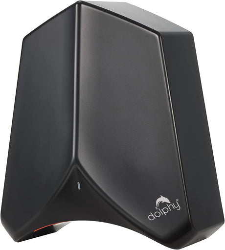 Dolphy Adge black touchless hand dryer, angled front view