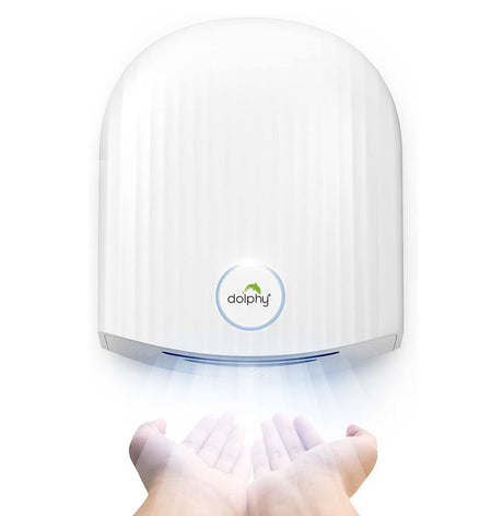Dolphy white dome touchless hand dryer blowing air onto hands below