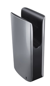 Dolphy silver jet hand dryer, side angle showing the deep open hand slot