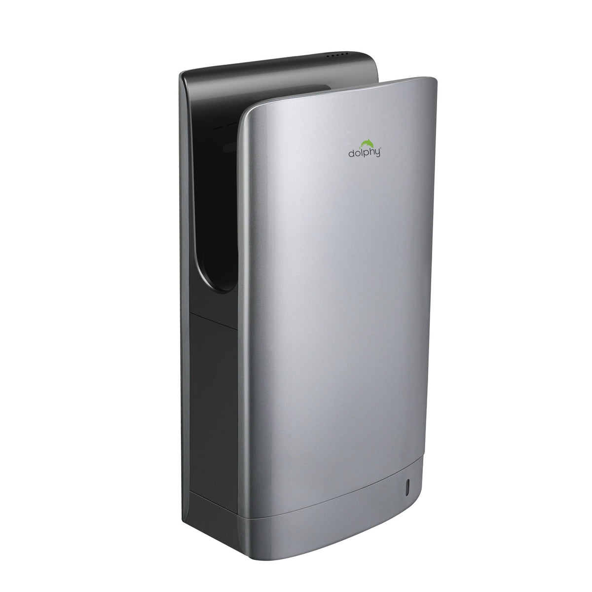 Dolphy jet hand dryer in silver, angled view showing the hand slot and drain window