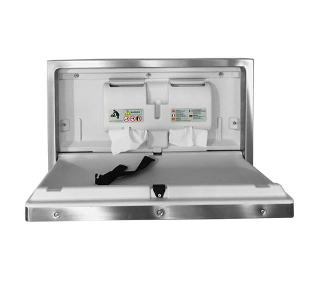 Dolphy stainless steel baby change station open, showing the changing table, safety strap and liner dispensers