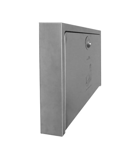 Dolphy stainless steel baby change station closed, side view showing its slim wall-mounted depth