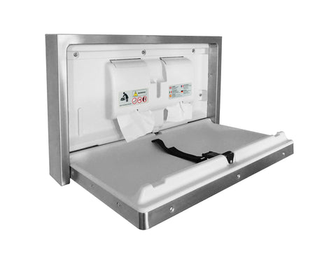 Dolphy horizontal baby change station folded down, angled view of the table and safety strap
