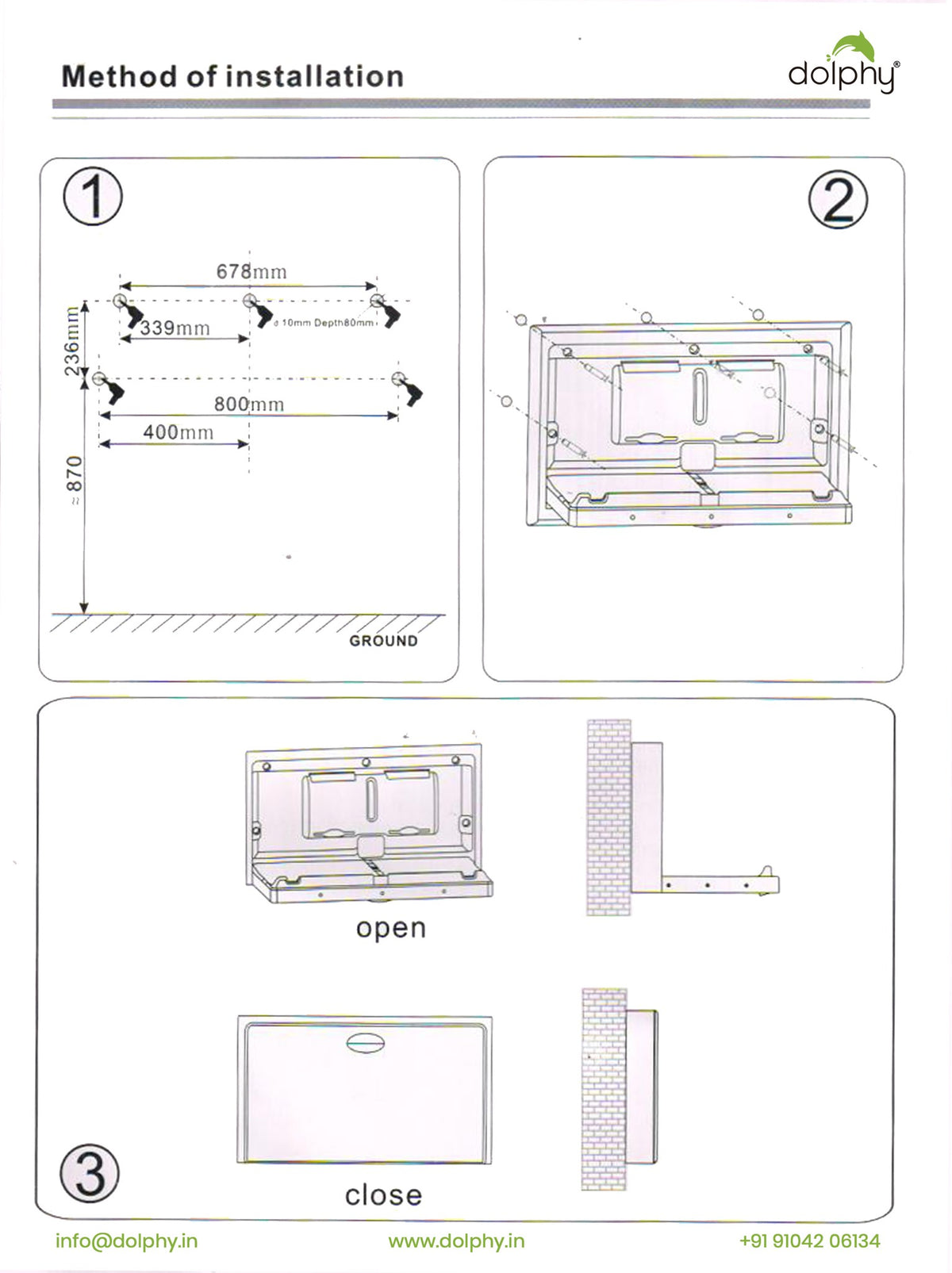 Dolphy baby change station installation guide: mounting hole positions, fitting, and open and closed positions