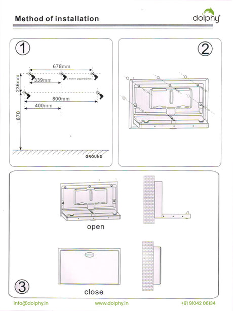Dolphy baby change station installation guide: mounting hole positions, fitting, and open and closed positions