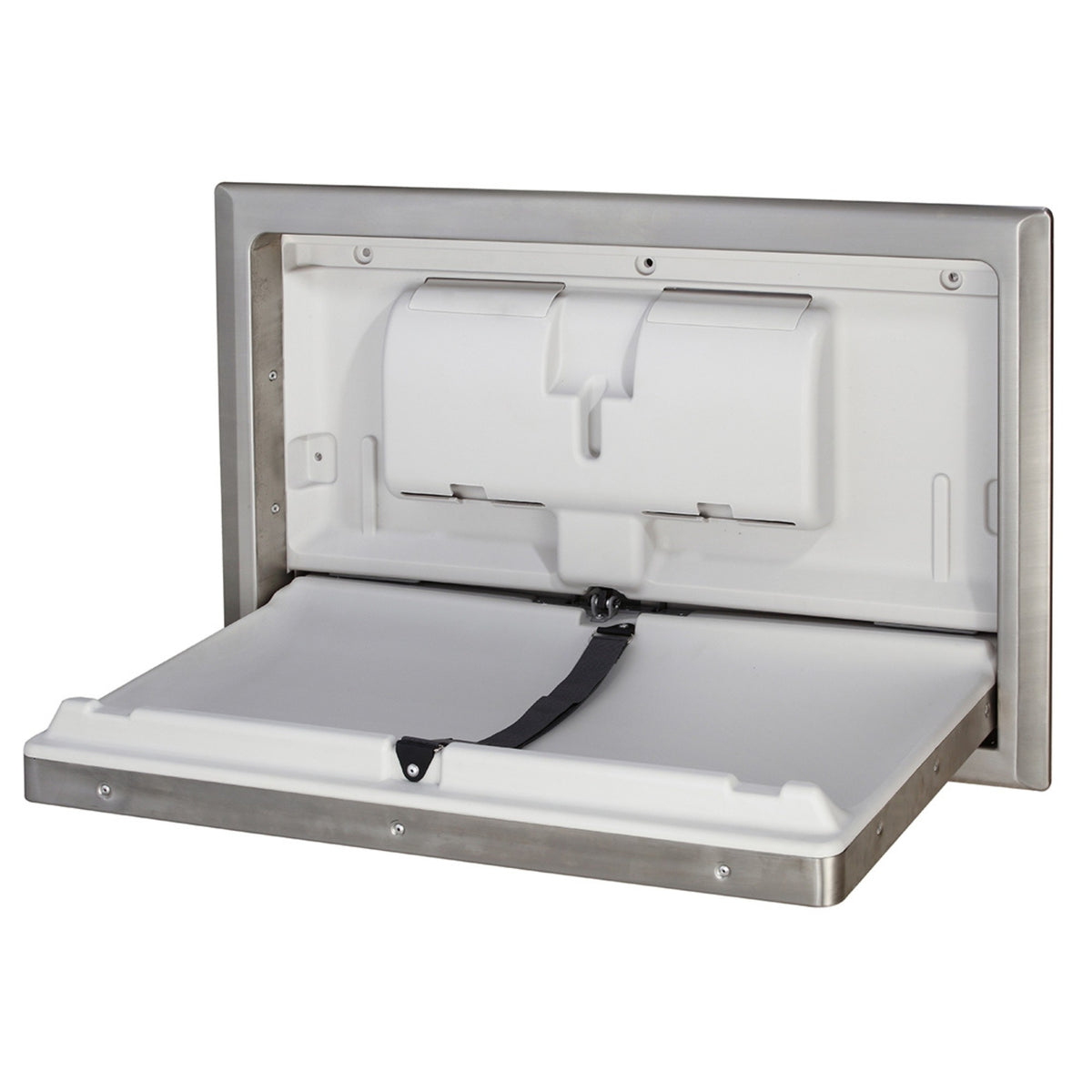 Dolphy recessed baby change station open, showing the table, safety strap and liner holders