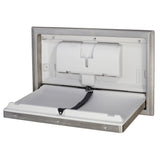 Dolphy recessed baby change station open, showing the table, safety strap and liner holders