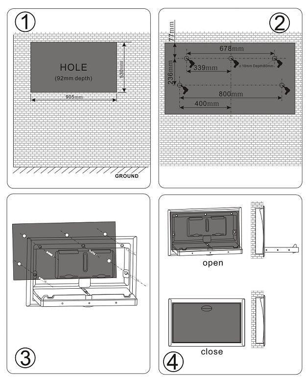 Dolphy recessed baby change station installation steps: wall hole, fixing, open and closed positions