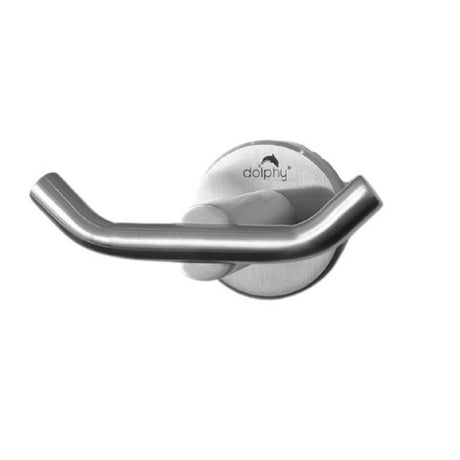 Dolphy brushed stainless steel double robe hook, front angle showing the round wall plate