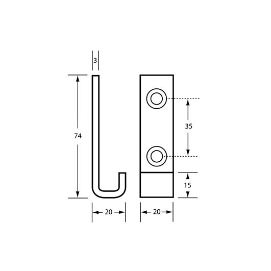 Dolphy single robe hook dimensions: 74 mm high, 20 mm wide, 20 mm deep