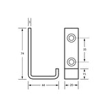Dolphy single robe hook dimensions: 74 mm high, 44 mm deep, 20 mm wide
