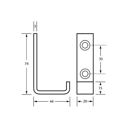 Dolphy single robe hook dimensions: 74 mm high, 44 mm deep, 20 mm wide