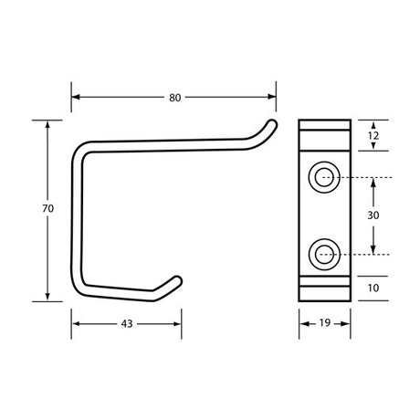 Dolphy double robe hook dimensions: 80 mm projection, 70 mm high, 19 mm wide