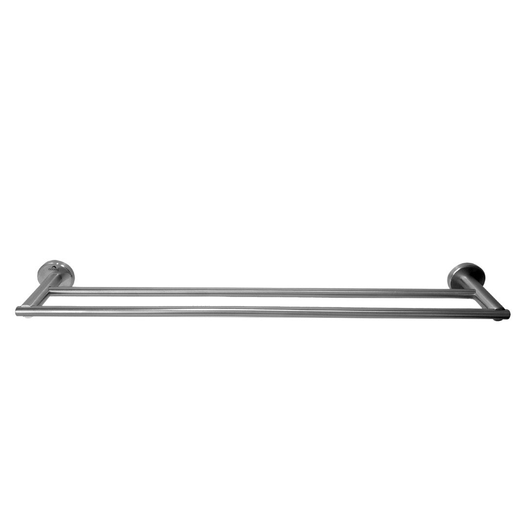 Dolphy double towel rail, front view showing both round wall mounts