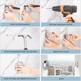 Dolphy retractable clothesline installation steps: mark holes, drill, fit plugs, fix base and tighten screws