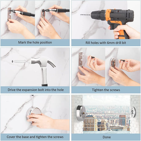 Dolphy retractable clothesline installation steps: mark holes, drill, fit plugs, fix base and tighten screws