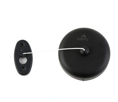 Dolphy black retractable clothesline with its line hooked to the wall catch plate