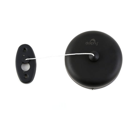 Dolphy black retractable clothesline with its line hooked to the wall catch plate