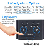 Dolphy alarm radio dock alarm options: every day, weekend or workdays, with 9-minute snooze
