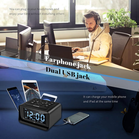 Dolphy alarm radio dock earphone jack and dual USB charging ports