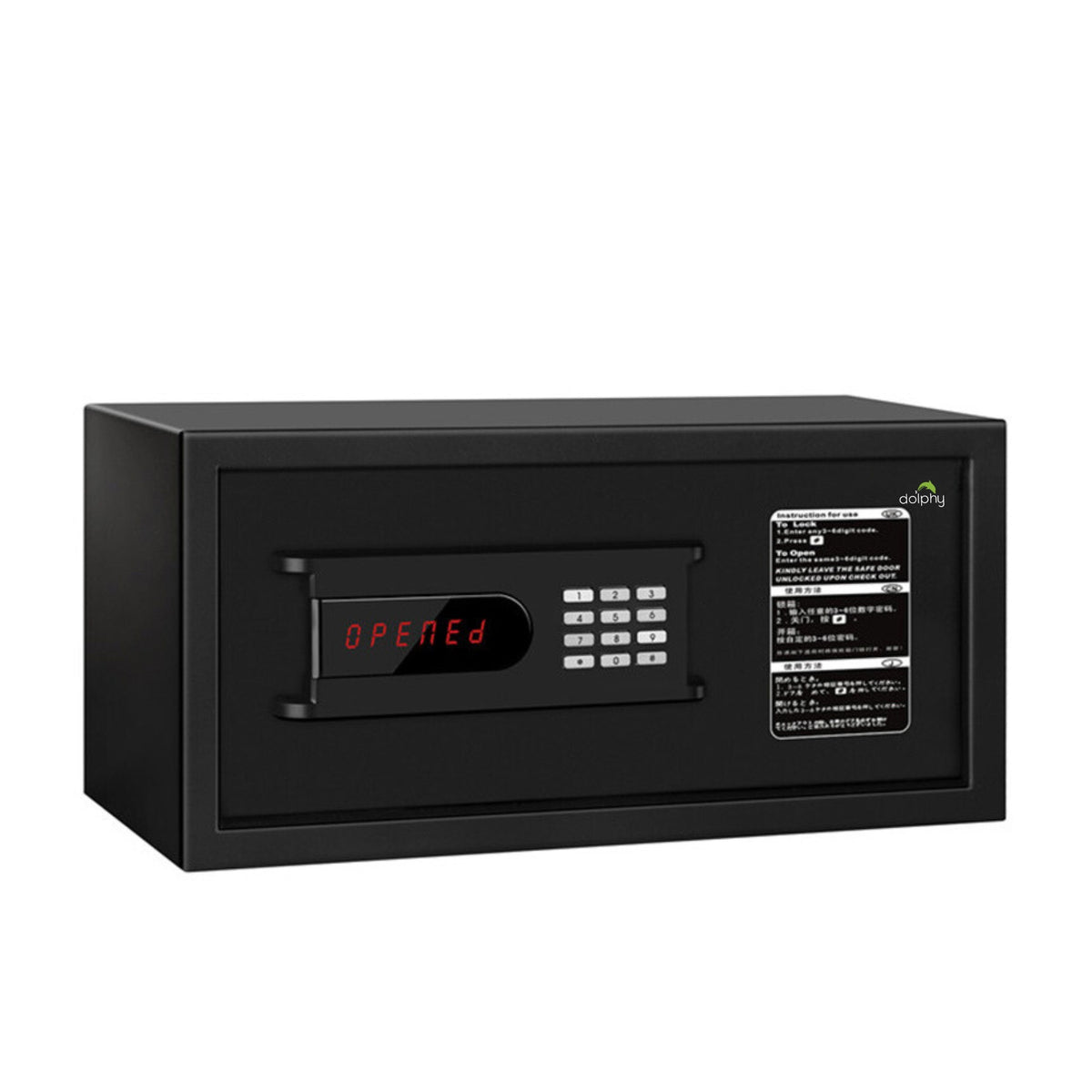 Dolphy digital safe LED display reading OPENED with the keypad beside it
