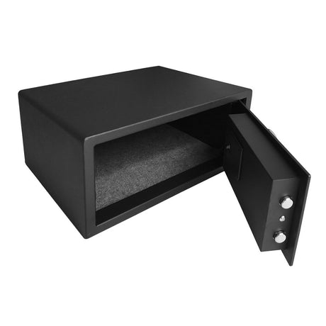 Dolphy digital safe with door open, side angle showing the steel locking bolts