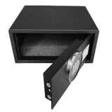 Dolphy black digital safe with the keypad door open, showing the carpeted interior