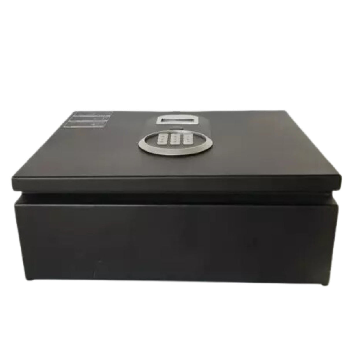 Dolphy black top-opening digital safe, closed, front view of the keypad lid