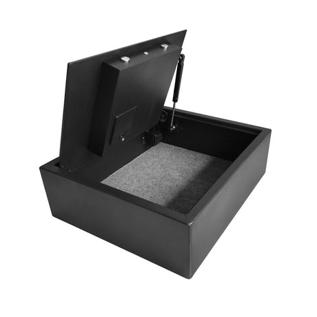 Dolphy top-opening digital safe with lid raised on its gas strut, showing the carpeted interior