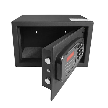 Dolphy black 31 x 20 x 20 cm digital safe with the door open, showing the steel locking bolts