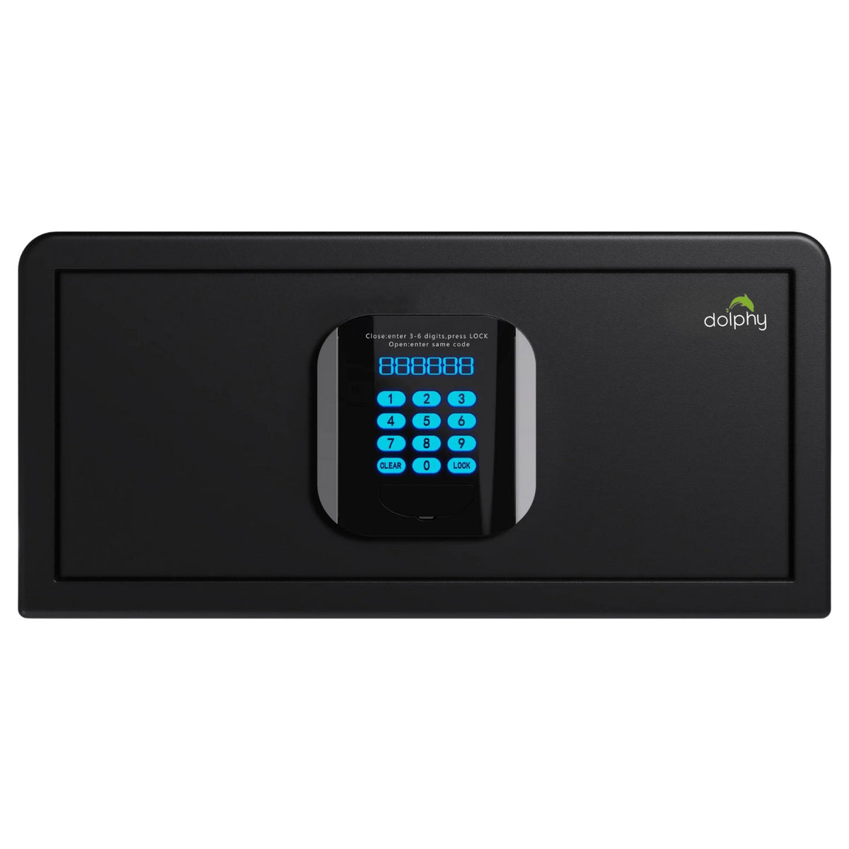 Dolphy black hotel safe, straight-on front view of the digital keypad