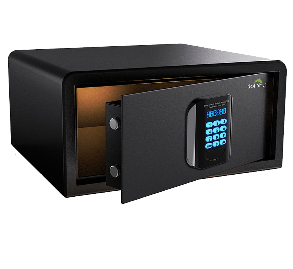 Dolphy black hotel safe with the spring-loaded door open and interior light on