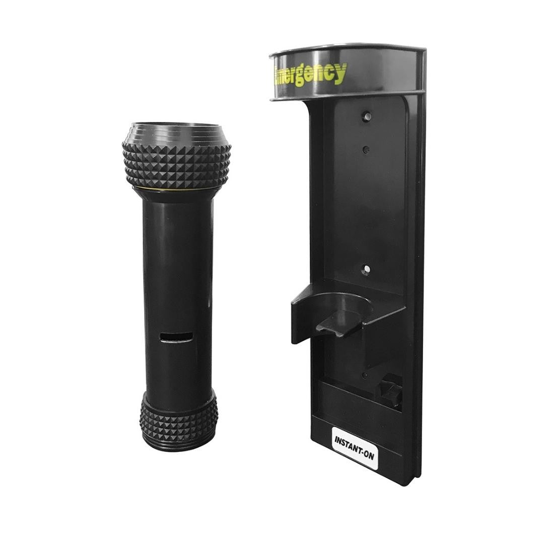 Dolphy black LED emergency torch beside its wall holder