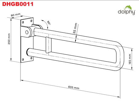 Dolphy DHGB0011 swing-up grab rail drawing: 605 mm long, 250 mm plate, 165 mm wide, 35 mm tube