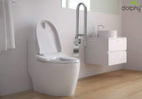 Dolphy swing-up grab rail folded upright beside a toilet