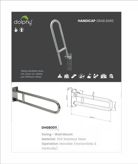 Dolphy handicap grab bar sheet: swing wall-mount, 304 stainless steel, moves horizontally and vertically