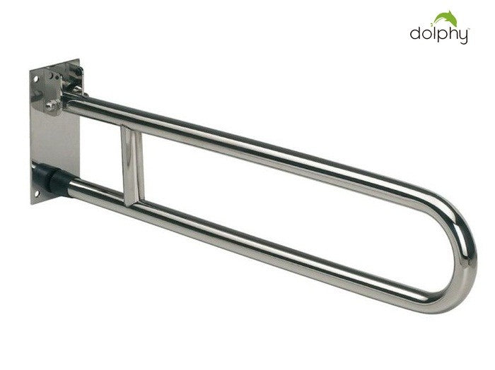 Dolphy stainless steel swing-up grab rail lowered, angled view
