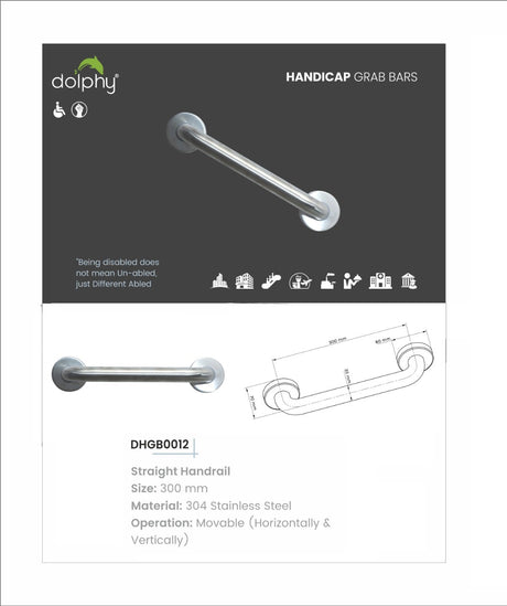 Dolphy DHGB0012 handicap grab bar sheet: 300 mm straight handrail, 304 stainless steel